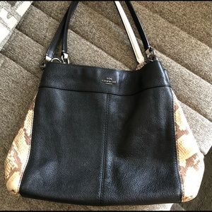 Coach Black Leather Shoulder Bag with Tan Snake-Print Sides